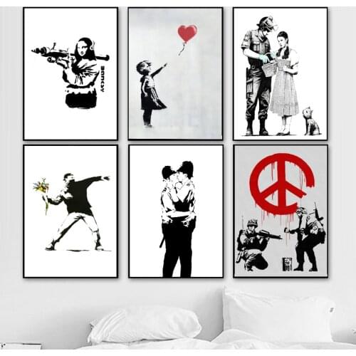 Freeship Banksy Graffiti Canvas Paintings Art Prints Kiss Peace Wall Art Poster Pop Decoration Pictures Wall Decorative