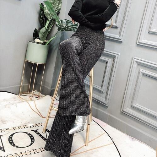 2020 Spring New Women High Waist Sequin Slim Flare Pants Fashion Solid Sexy Female Trousers Streetwear Office Lady Work Pants