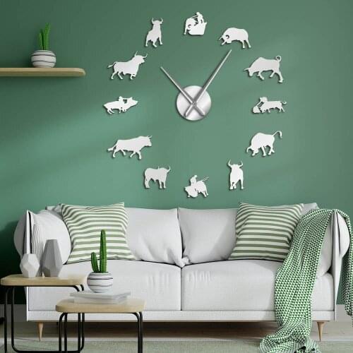Bullfighter Designer DIY Big Wall Clock Home Decor For Living Room Bull Rider Self Adhesive Mirror Effect Stickers Clock Watch