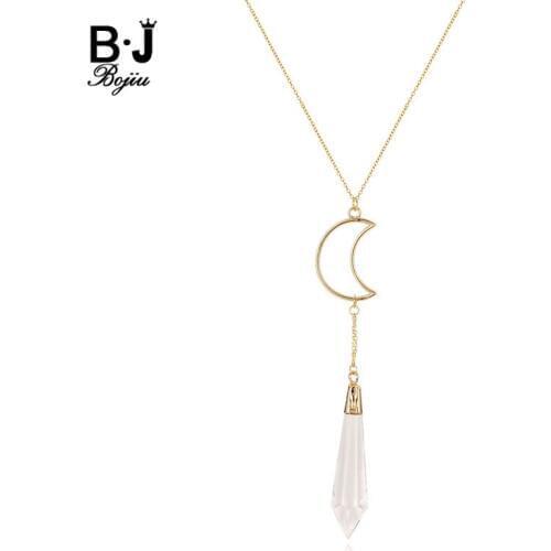 BOJIU Clear Crystal Gold Moon Long Pendant Necklace Bohemian Gold Link Chain Necklace Exquisite Gift Charm Women Necklace NKS192