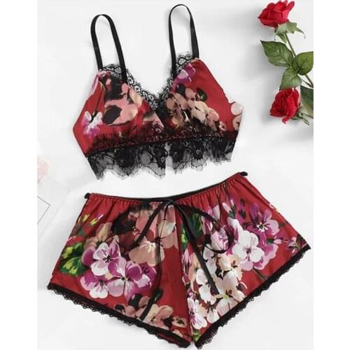 Women Sexy Underwear 2Pcs/Sets Floral Print Lace Patchwork Bra+Bowknot Briefs Low Waist Female Soft Lingerie Set