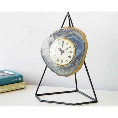 Home Decor Stone Crafts Figurine Art Design Clock Metal Shelf Natural Stone Luxury Agate Art
