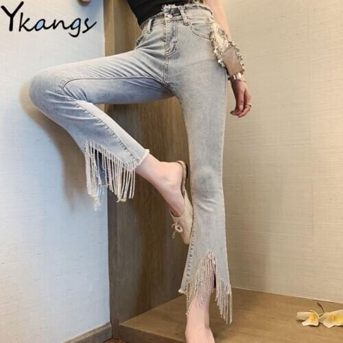 Mom luxurious Rhinestone Beading Tassel Chain Flare Jeans Women High Waist Female Slim Button Stretch Denim Ankle-Length Pants