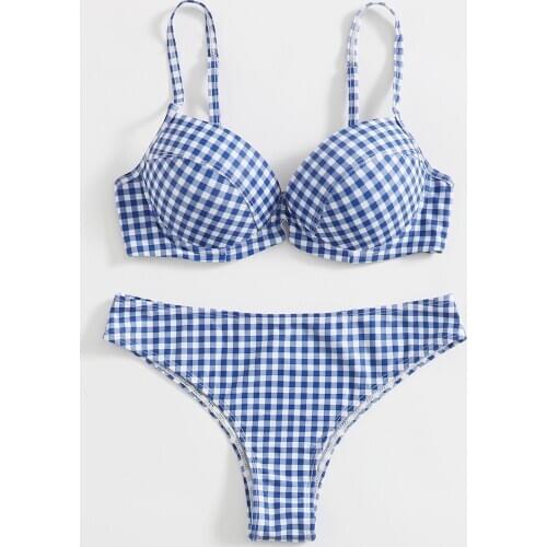 Sexy Bandeau Push Up Bikini Set Underwired Bikinis Women Swimwear Plaids Checked Bathing Suit Female Biquini Beach Wear Swimsuit