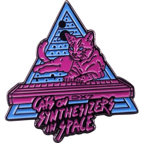 Cats on synthesizers in space neon badge pop culture pins funny piano keyboard brooch musician friend gift