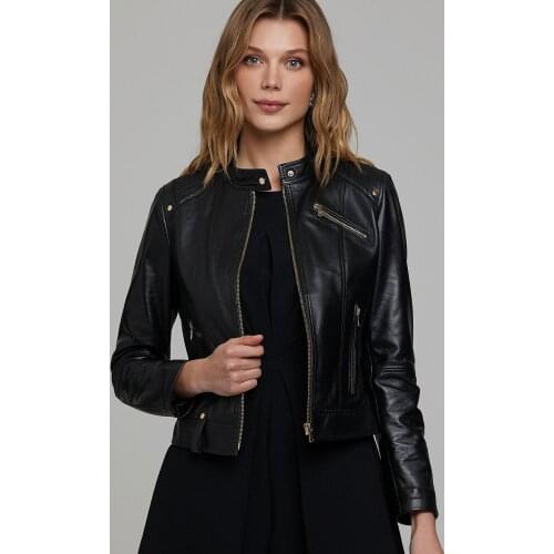 Women Genuine Sheepskin Biker Jacket Spring Autumn Outerwear Fashion Slim Fit Biker Leather Coats Casual Wear Waterproof