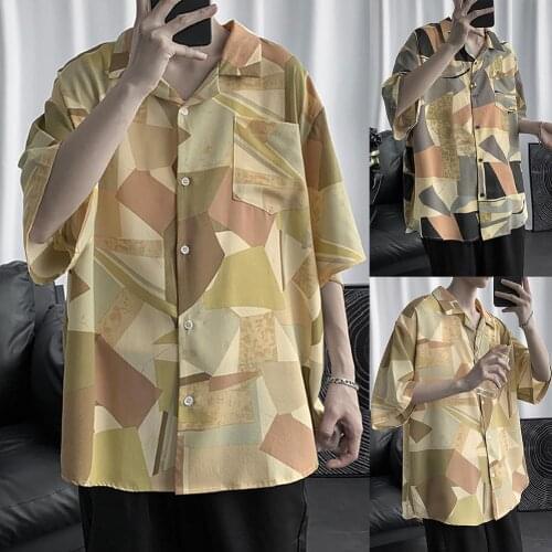 Fashion Color Block Short Sleeves Turn-down Collar Men Loose Casual Top Shirt