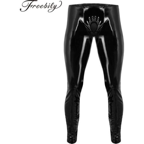 Fashion Black Mens Sexy Wetlook Lingerie Shiny Patent Leather Tight Pants Leggings Trousers with Open Penis Hole For Nightclub