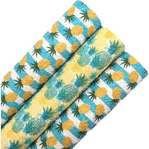 Pineapple Stripes Printed hunky Glitter Vinyl Fabric Sheet Felt Backing Synthetic Leather Faux Vinil For Bows DIY A4 SIZE R218B
