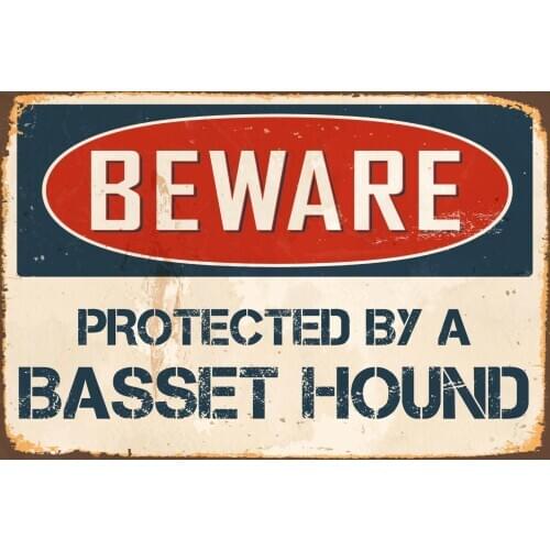 StickerPirate Beware Protected by A Basset Hound 8 x 12 Vintage Aluminum Retro Metal Sign VS479