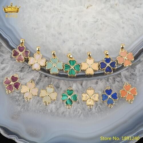 5pcs Natural Chalcedony Amazon Stone Flower Shape Pendant FIndings,Plated Gold Caps Amethysts Quartz Crystal Beads Jewelry DIY