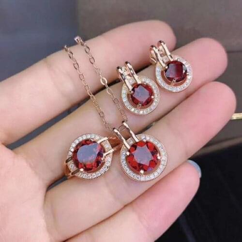 ROLILASON live imitation Natural Red zircon Pendant plated golden Emerald Ring Necklace earrings jewelry set for wedding JS876