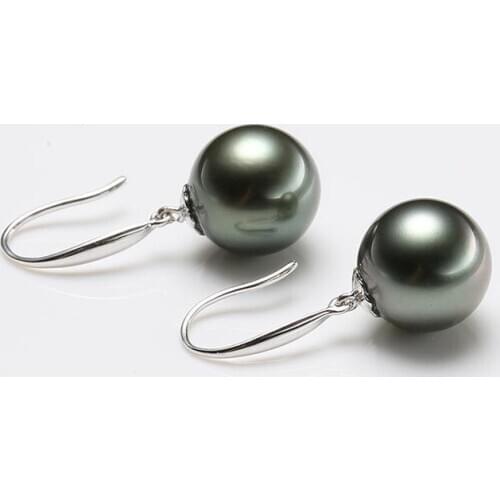 A Pair huge 11-12mm tahitian black perfet round pearl earring 925 silver