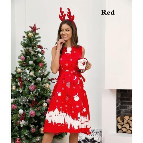 Drop Shipping Summer Womens Christmas Santa Claus Lovely Print Tutu Skirt High Waist Swing Midi Dress S-3XL