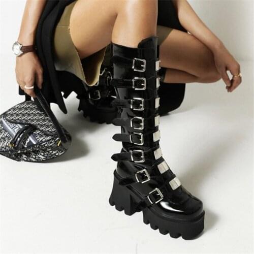 PXELENA Large Size 34-44 Metal Decor Buckle Women Combat Platform Knee High Boots Chunky Platform Punk Rock Gothic Motorcycle