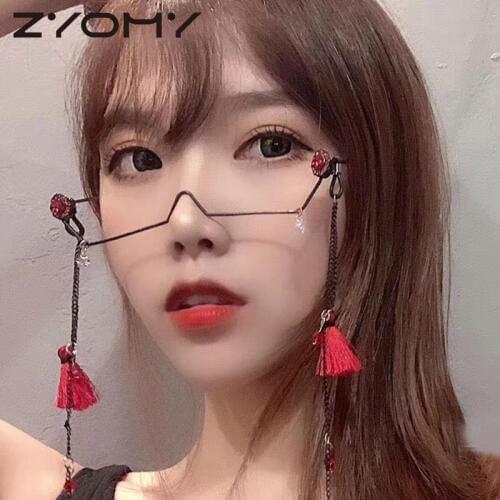 Q Luxury Crystal Pendant Decoration Half Frame Eyeglasses No Chain Women Vintage Glasses Alloy No Lens Girls Diamond Glasses