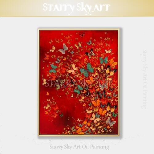 Hand-painted Red Background Large Group of Butterflies Oil Painting on Canvas Insect Butterfly Oil Painting for Wall Decoration