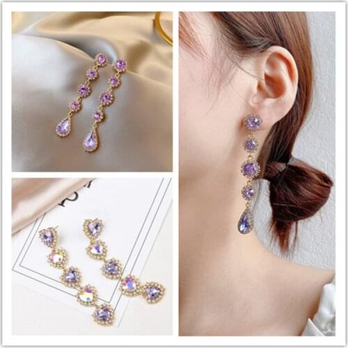 Korean Purple Rhinestone Love Heart Flower Dangle Earrings Long Water Drop Crystal Jewelry Pendientes For Women Fashion Earrings