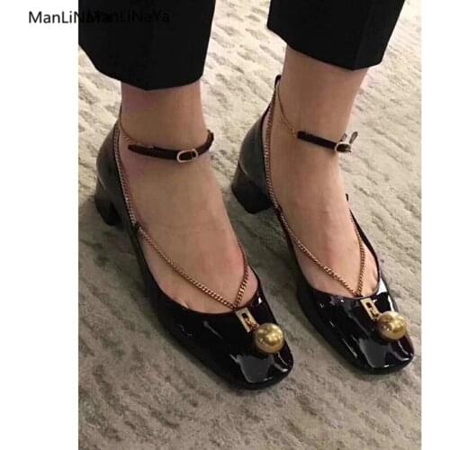 Brand Design Chain Gold Bead Women Pumps Patent Leather Square Toe Women Shoes Buckle Casual Slip-On Ankle Strap Female Pumps