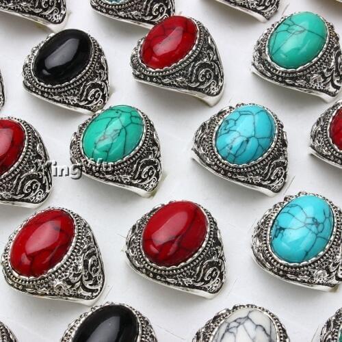 Vintage 10pcs/lot Antique Natural Stone Ring Fashion Jewelry Turquoises Finger Rings For Women Wedding Anniversary Rings