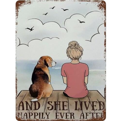 Vintage Tin Sign Beagle She Live Happily Ever Fathers Day Mothers Day Retro Signs Decoration Retro Nostalgic Tin Sign Decor
