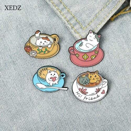 XEDZ Cartoon Coffee Cat Cup Enamel Brooch Fashion Delicious Drink Flower Coffee Cup Spoon Cat Claw Biscuit Afternoon Tea Badge J