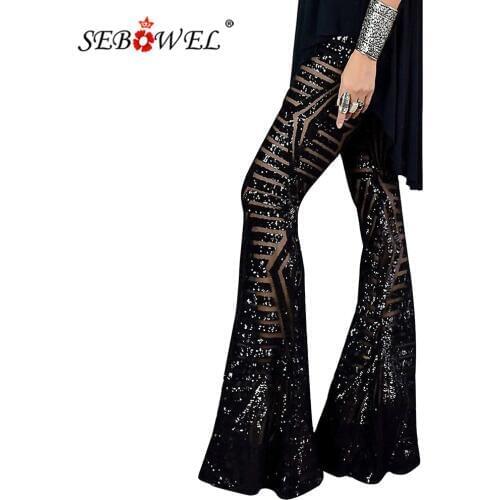 SEBOWEL Women Black Silver Sequin Glitter Flare Pants Sequin Trousers for Female Party Dance High Waist Bell Bottom Long Pants