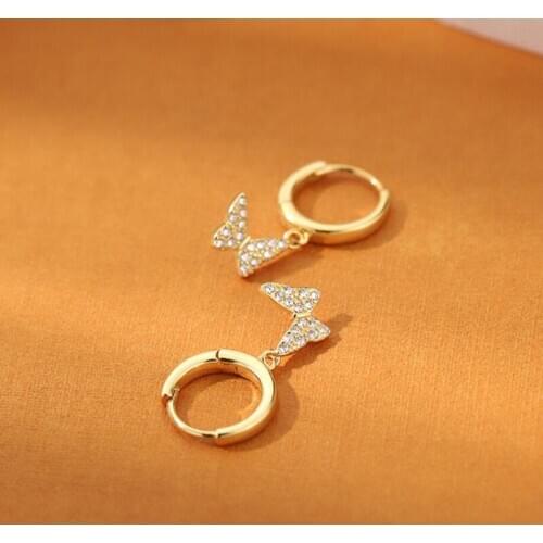 KOFSAC 925 Sterling Silver Earrings For Women Jewelry Beautiful Zircon Butterfly Gold Earring Lady Valentines Day Accessories