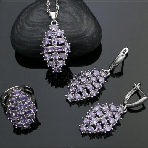 Purple Stones 925 Sterling Silver Wedding Jewelry Sets For Women Cubic Zirconia Earrings Ring Necklace Pendant Set