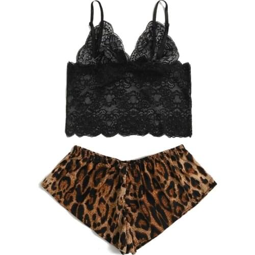Ladies Summer Sexy Underwear Set Women Fashionable Solid Color Strap Lace Chest Wrap Vest+Leopard Print Shorts Pajama Sets