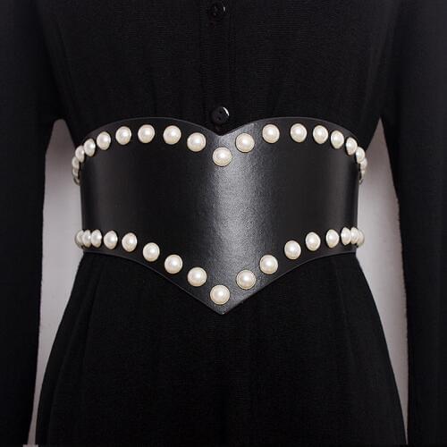 New fashion PU Leather Pearl Female Rivets Belt Corset Black Elasitc Wide Belts for Women Dress Cummerbund Korea Fashion Clothes