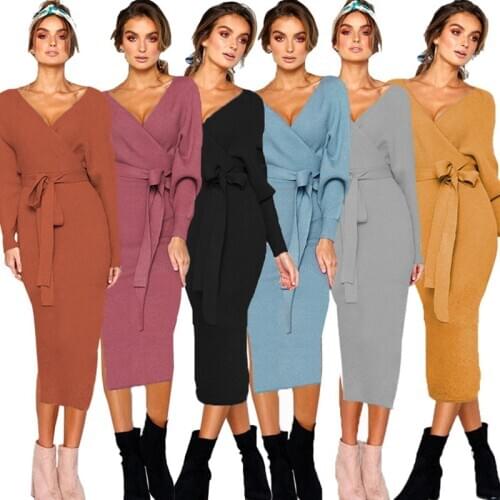 Autumn Winter Sexy Leak back V-Neck Long-Sleeved Women Dress 2021 New Casual Fashion Large Size Medium Length Women Dress JK315