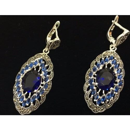 Free shipping Ladys Fashion Genuine 925 Silver Blue Crystal Art Style Marcasite Earrings