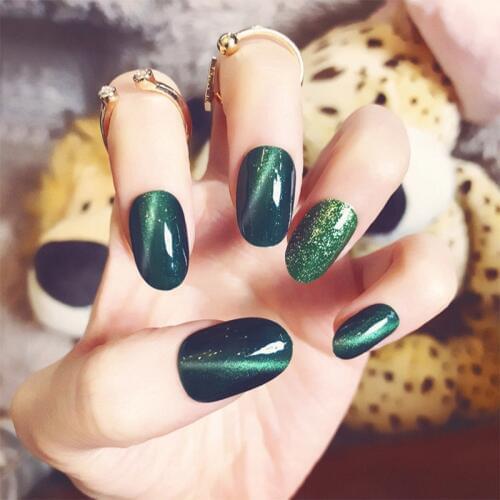 Glitter Holiday Seaside Nail Art Tips With Glue Girls Popular Green Cat Eye False Nail Ladies Street Fashion Artificial Nails