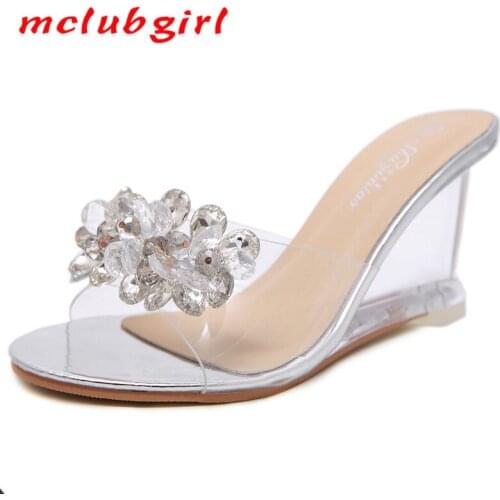 Mclubgirl Heeled Sandals Womens Summer Sexy Crystal Transparent High Heels Glass Water Slippers Clear Heels Sandals LFD
