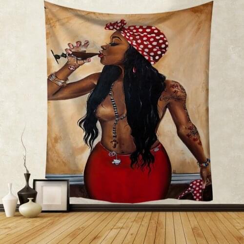 Black Art Tapestry Afro African American Woman Couple Red Wine Love Meditation Hippie Hip Hop Girl Wall Hanging Tapestries