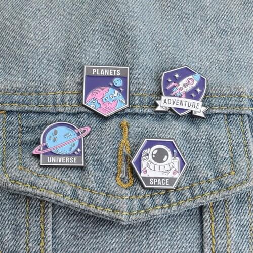 Kids Gifts Blue Planet Space Astronaut Enamel Pins Rocket Space Station Bag Brooch Lapel Badge Universe Adventure Jewelry
