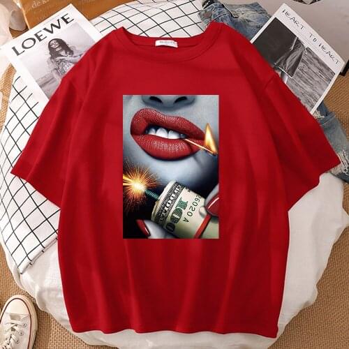 Red Lips Matches Money Printing Man T-Shirt Breathable Vintage Tshirt Oversized Soft Clothing Crewneck Cotton T Shirt Womens