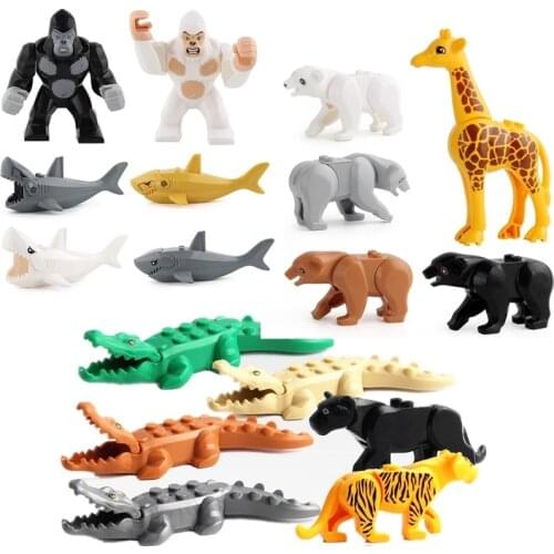 Building Bricks Animals Tiger Leopard Elephant Wolf Shark Whale Blocks Kids Toys Animal Figures Assemble Compatible with
