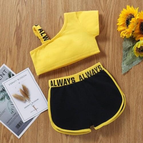 2Pcs Toddler Summer Outfit, Letters One-Shoulder Short Sleeves Crop Tops + Elastic Waist Shorts for Baby Girls, 0-12 Months