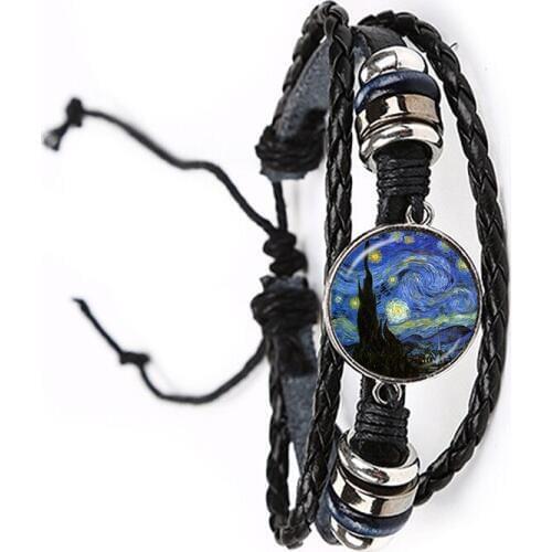 Fashion Simple Style Leather Bracelet Van Gogh Famous Artist Starry Night Adjustable Bangle Glass Cabochon Jewelry For Women Men