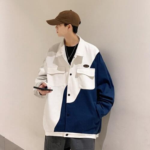 2021 Autumn Patchwork Color Jackets Men Hip Hop Turn-down Collar Windbreaker Casual Streetwear Jacket Male Coats 5XL White/Gray