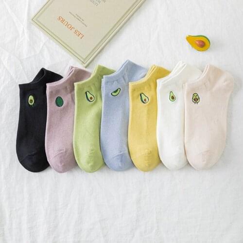 7 Pairs Korean Style Women Socks Soft Cartoon Embroidered Cute Cotton Socks Set Avocado Spring Summer Breathable Simple Socke