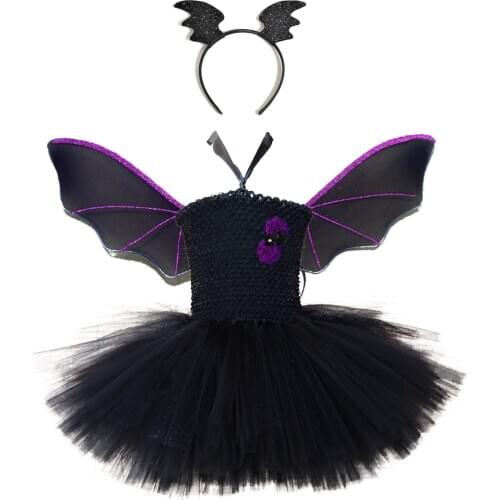 Adorable Girls Tutu Dress Bat Girl Costume with Wings and Headband Halloween Themed Party Cosplay Outfit for Kids Toddlers
