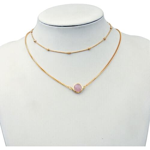 Bing Tu Crystal Double Layer Gold Color Choker Necklace Green/Pink Round Resin Stone Pendants Necklaces Simple Women Jewelry