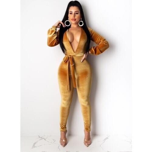 Casual Velvet Long Sleeve Bodycon Fitness Jumpsuit Women Deep V-Neck Tracksuit Jumpsuit Winter Back Hollow Body Mujer Rompers