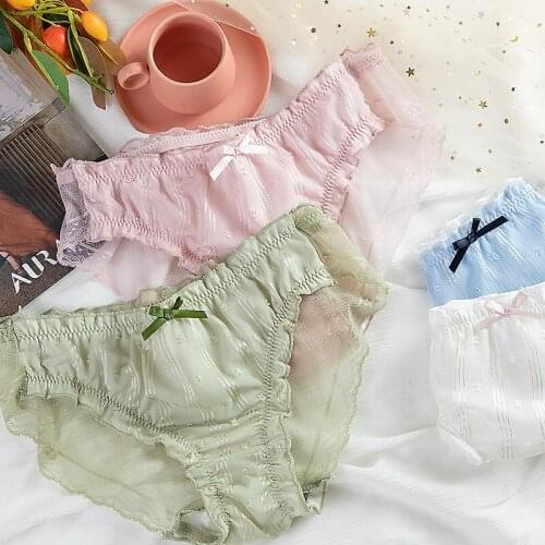 Non-marking Translucent Lace Trim Mid-waist Underwear Womens Breathable Mesh Check Print Girls Briefs Lolita Bow Sexy Underwear