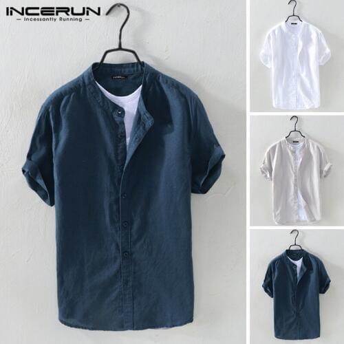 INCERUN Men Shirt Cotton Stand Collar Short Sleeve Camisa Breathable Solid Blouse Streetwear Casual Men Brand Shirts Harajuku