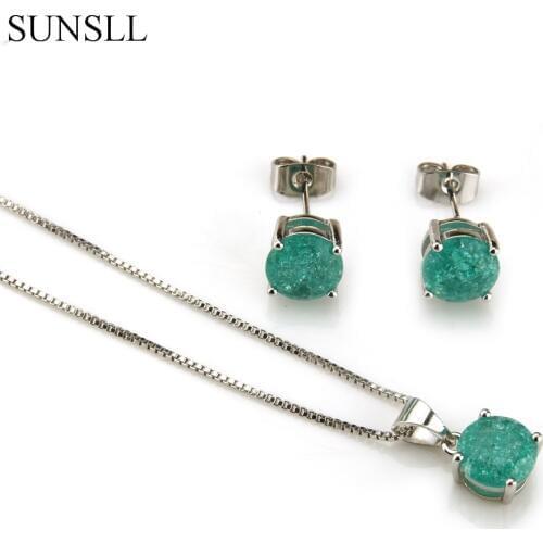 SUNSLL Silver Color Copper Multicolor Crack Cubic Zirconia Stud Earrings And Pendant Necklaces Womens Fashion Jewelry Sets