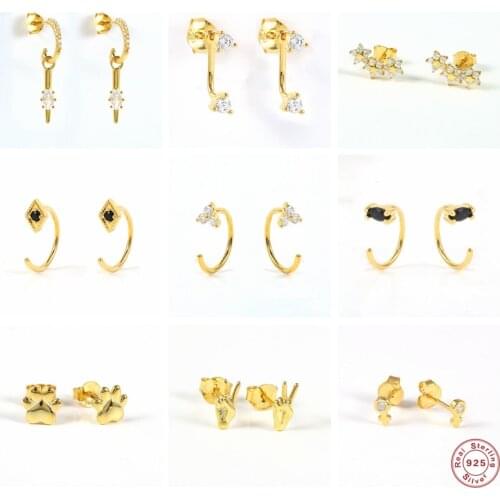 100% Real S925 Sterling Silver Stud Earring Cubic Zirconia Cartilage Earring For Men Women C Shape Piercing Pendientes Jewelry